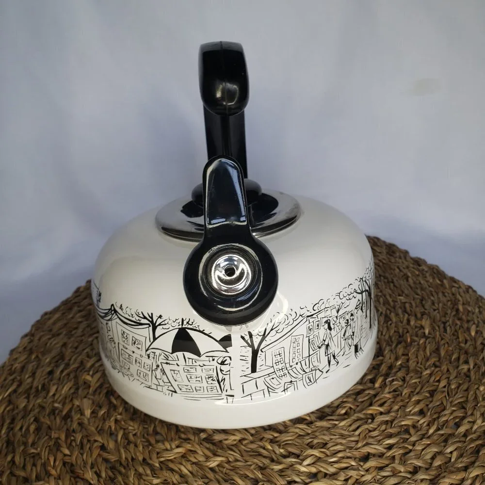 Mikasa Parisian Scenes Whistling‎ Tea Kettle Pot Enameled White Black